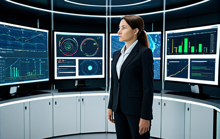 A professional female data scientist, fully clothed in a modest, dark professional business suit, standing confidently in a futuristic, clean data center control room. Large, sleek monitors surround her, displaying intricate machine learning algorithms, complex statistical models, and cloud computing dashboards. She is focused, interacting with a holographic interface or a large touch screen displaying predictive analytics. Perfect anatomy, correct proportions, natural pose, well-formed hands, proper finger count, natural body proportions, professional photography, high quality, highly detailed, realistic, safe for work, appropriate content, professional.