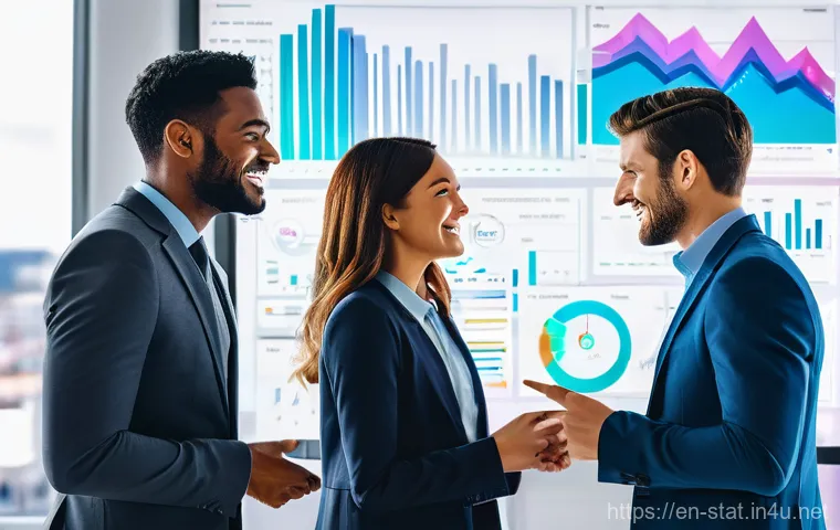 통계분석과 관련된 IT 기술 - **Prompt:** A diverse group of four professionals (two women, two men, all in stylish business casua...