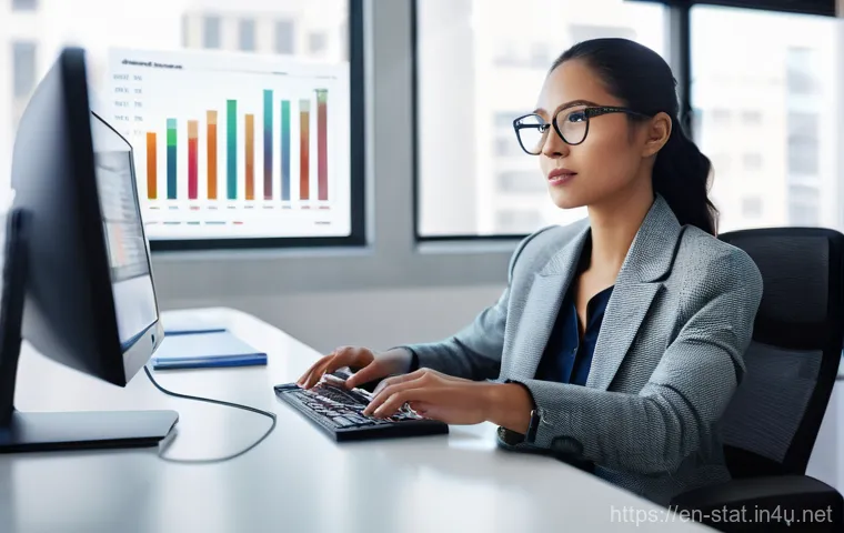 통계분석 프로젝트 사례 공유 - **Prompt:** A high-resolution, photorealistic image of a modern data analyst, a woman in her late 20...