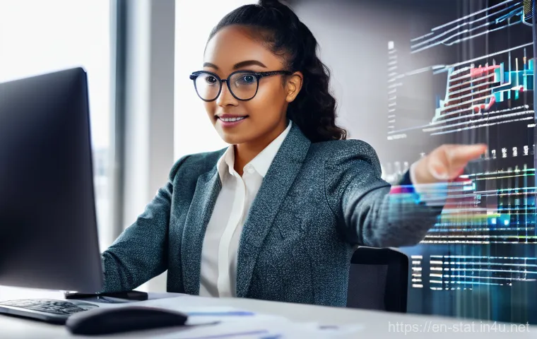 통계분석가로 일하며 겪는 즐거움과 어려움 - **Prompt:** A young, diverse data analyst, dressed in smart casual business attire (a well-fitting b...