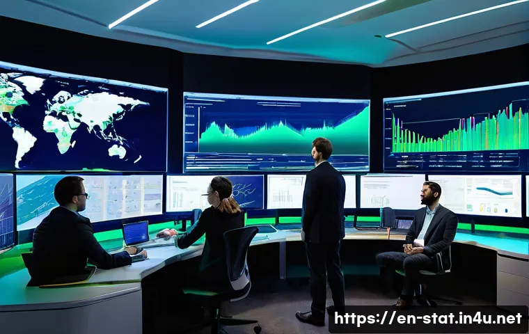 통계분석 모형 구축 사례 - **Prompt:** A dynamic, high-tech control room bathed in soft, futuristic blue and green light. In th...