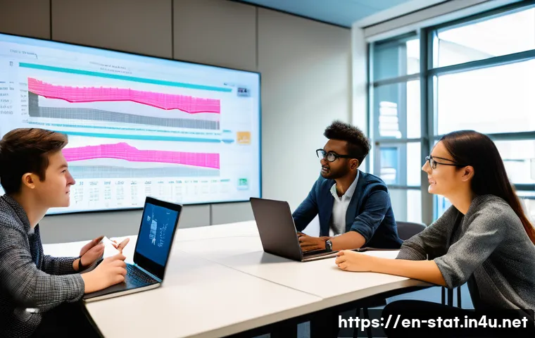 통계분석 이론 공부법 - **Prompt:** A diverse group of young adults, dressed in smart casual attire, engaged in a collaborat...