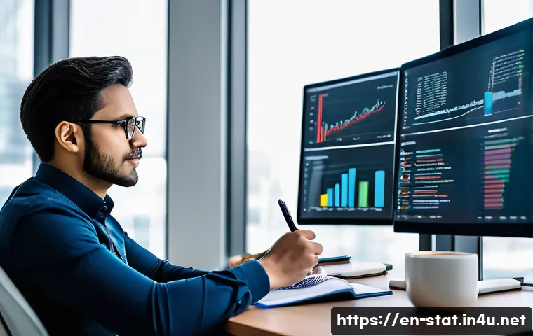 통계분석 면접에서 자주 묻는 질문 - A professional data scientist in a modern office environment, thoughtfully analyzing multiple screen...