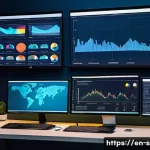 통계분석과 관련된 새로운 연구 - A high-tech modern data scientist’s workspace featuring multiple ultra-wide monitors displaying colo...