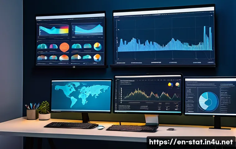 통계분석과 관련된 새로운 연구 - A high-tech modern data scientist’s workspace featuring multiple ultra-wide monitors displaying colo...