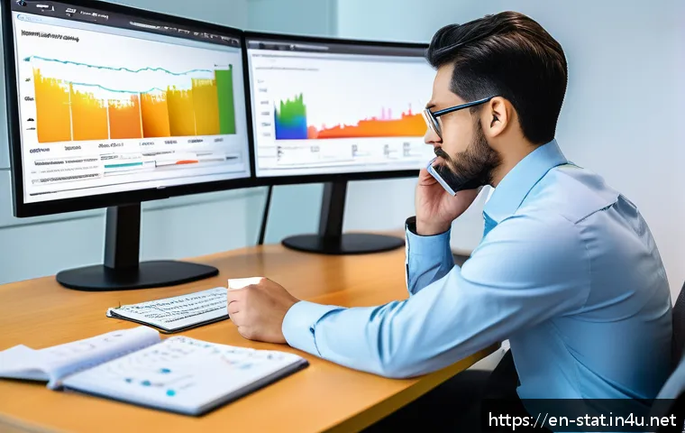 통계분석 업무 중 만날 수 있는 도전 과제 - A professional data analyst in a modern office environment, thoughtfully examining complex datasets ...